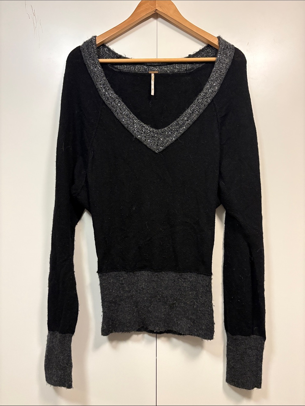 Free People Wool Black Sequin V-Neck Sweater featuring a deep V-neck S